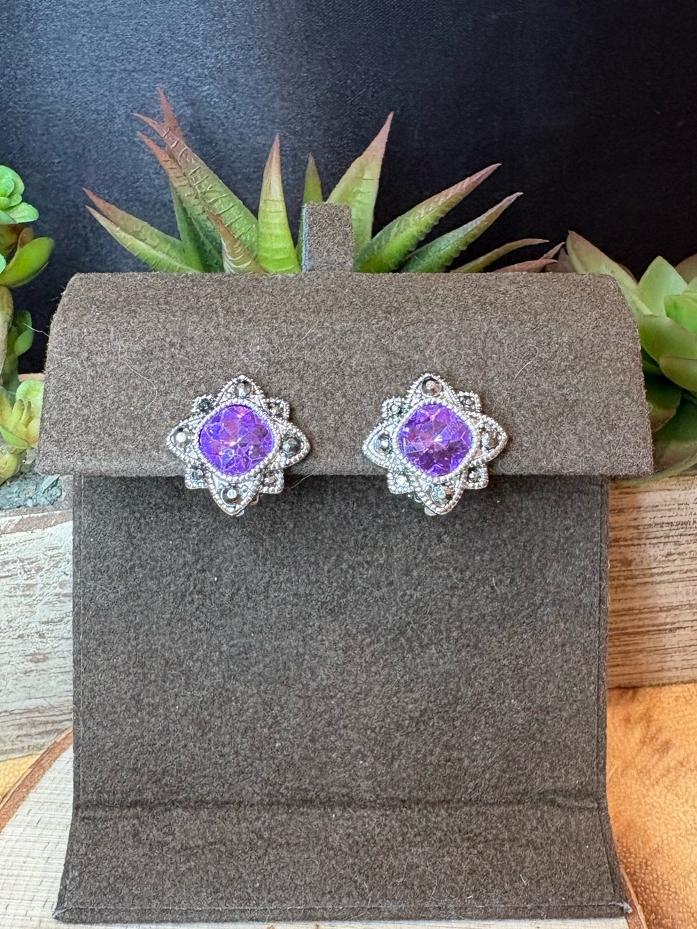 Purple Crystal Floral Clip On Earrings - Women's Jewelry